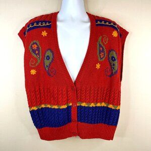 Vintage Womens Button Sweater Vest Size 2X 22 24 CABLE KNIT PAISLEY Fall Grandma